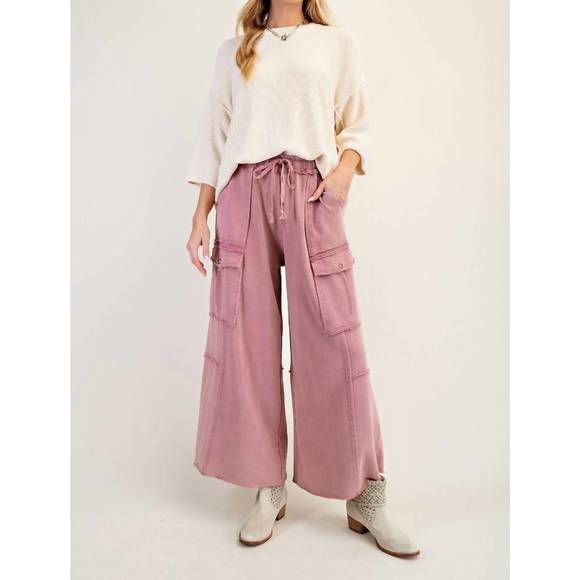 Easel Women's Utility Wide Leg Cargo Pants – Mineral Washed Terry Knit, Black